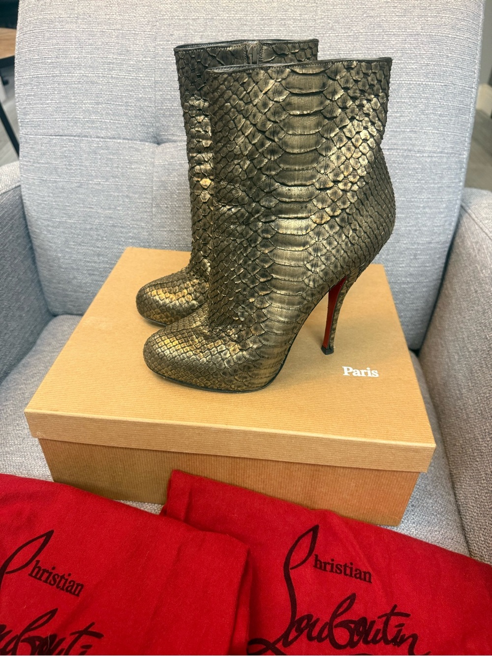 Christian Louboutin Feticha Python Metal Bronze Metallic Snakeskin Ankle Booties
